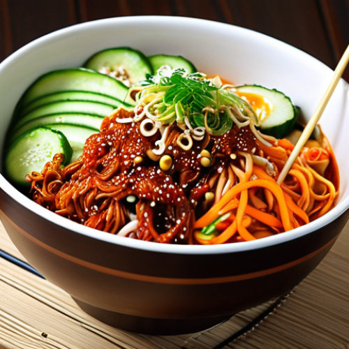 Home 11 Bibim Guksu (Korean Spicy Noodles)**
Vibrant Korean bibim guksu with a mix of colorful vegetables (cucumber, carrot, cabbage, perilla leaves) and spicy red sauce, glistening with sesame oil, served in a traditional Korean bowl. Focus on the textures of the noodles and fresh vegetables, emphasizing a mouth-watering and appetizing look.
**