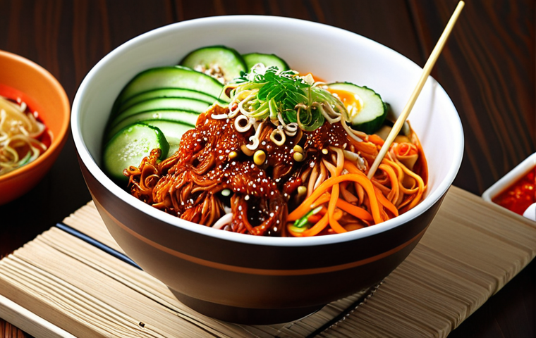 Bibim Guksu (Korean Spicy Noodles)**
Vibrant Korean bibim guksu with a mix of colorful vegetables (cucumber, carrot, cabbage, perilla leaves) and spicy red sauce, glistening with sesame oil, served in a traditional Korean bowl. Focus on the textures of the noodles and fresh vegetables, emphasizing a mouth-watering and appetizing look.
**