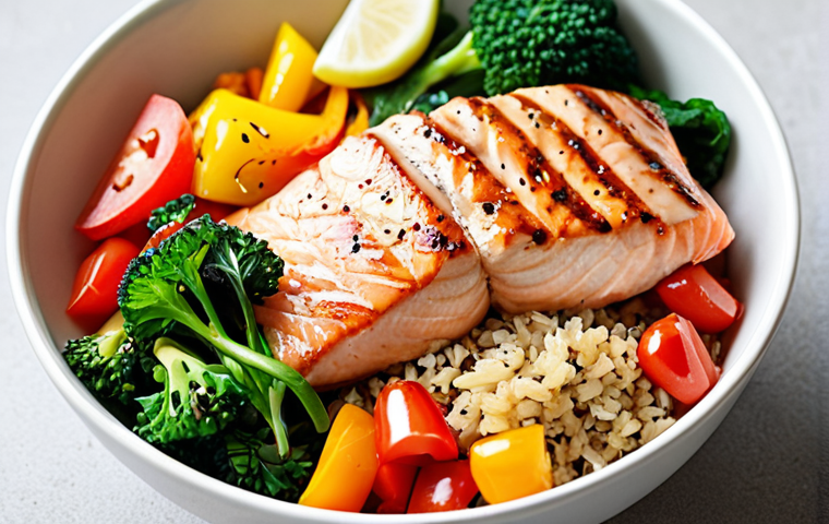 A close-up shot of a vibrantly colorful, perfectly balanced one-bowl meal, showcasing a generous portion of wholesome brown rice or quinoa, topped with artfully arranged lean protein (such as grilled chicken breast or pan-seared salmon) and a colorful medley of fresh vegetables including bright green broccoli, red bell peppers, and leafy spinach. The bowl is set against a clean, minimalist background, emphasizing health, convenience, and deliciousness. Bright natural light, shallow depth of field, high-quality food photography.