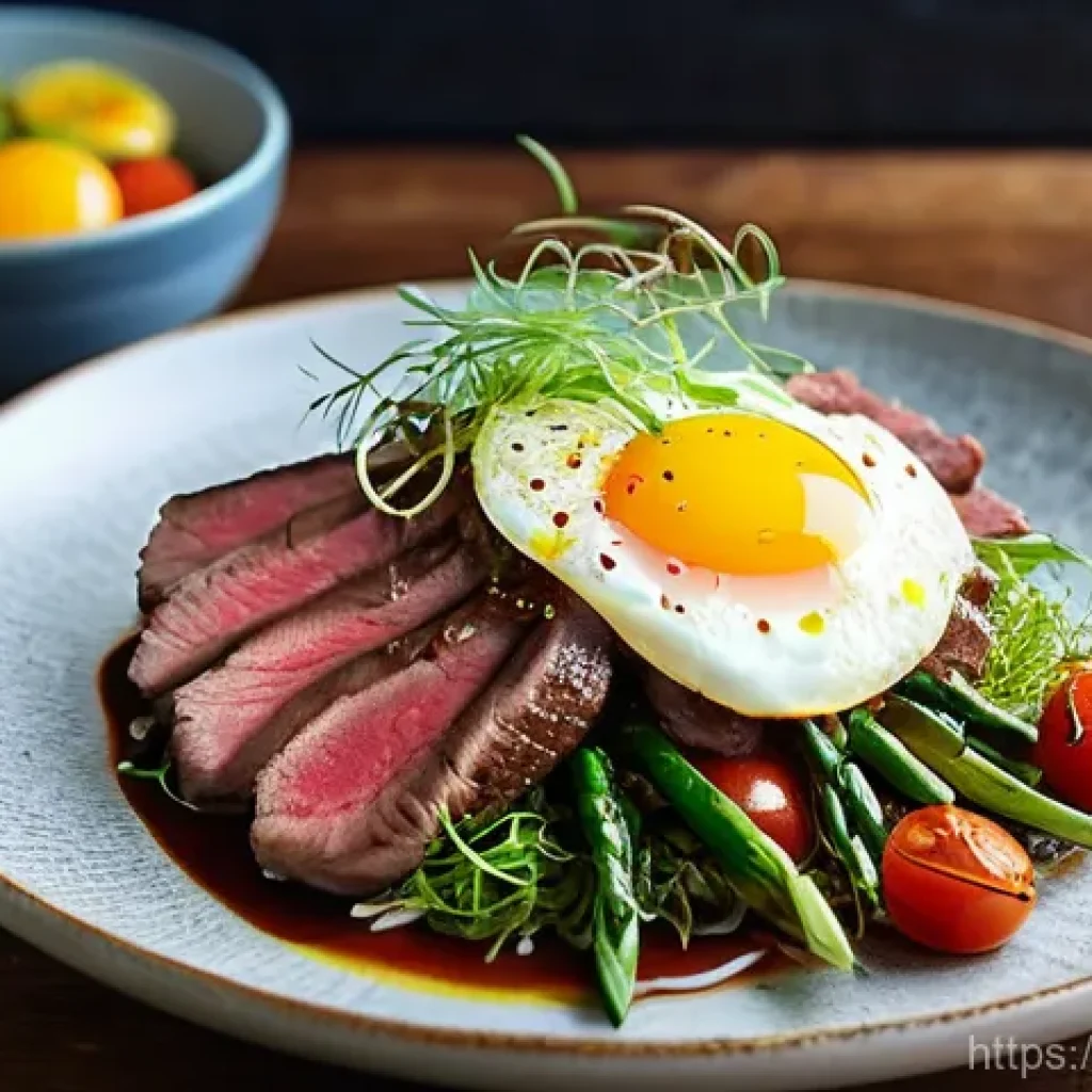 고급 한 그릇 식사 레시피로 손님 초대하기 - **Prompt 1: Elegant One-Bowl Steak Donburi**
    A close-up, high-angle shot of a beautifully presen...