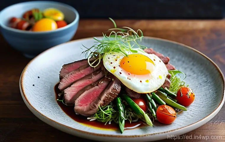 고급 한 그릇 식사 레시피로 손님 초대하기 - **Prompt 1: Elegant One-Bowl Steak Donburi**
    A close-up, high-angle shot of a beautifully presen...