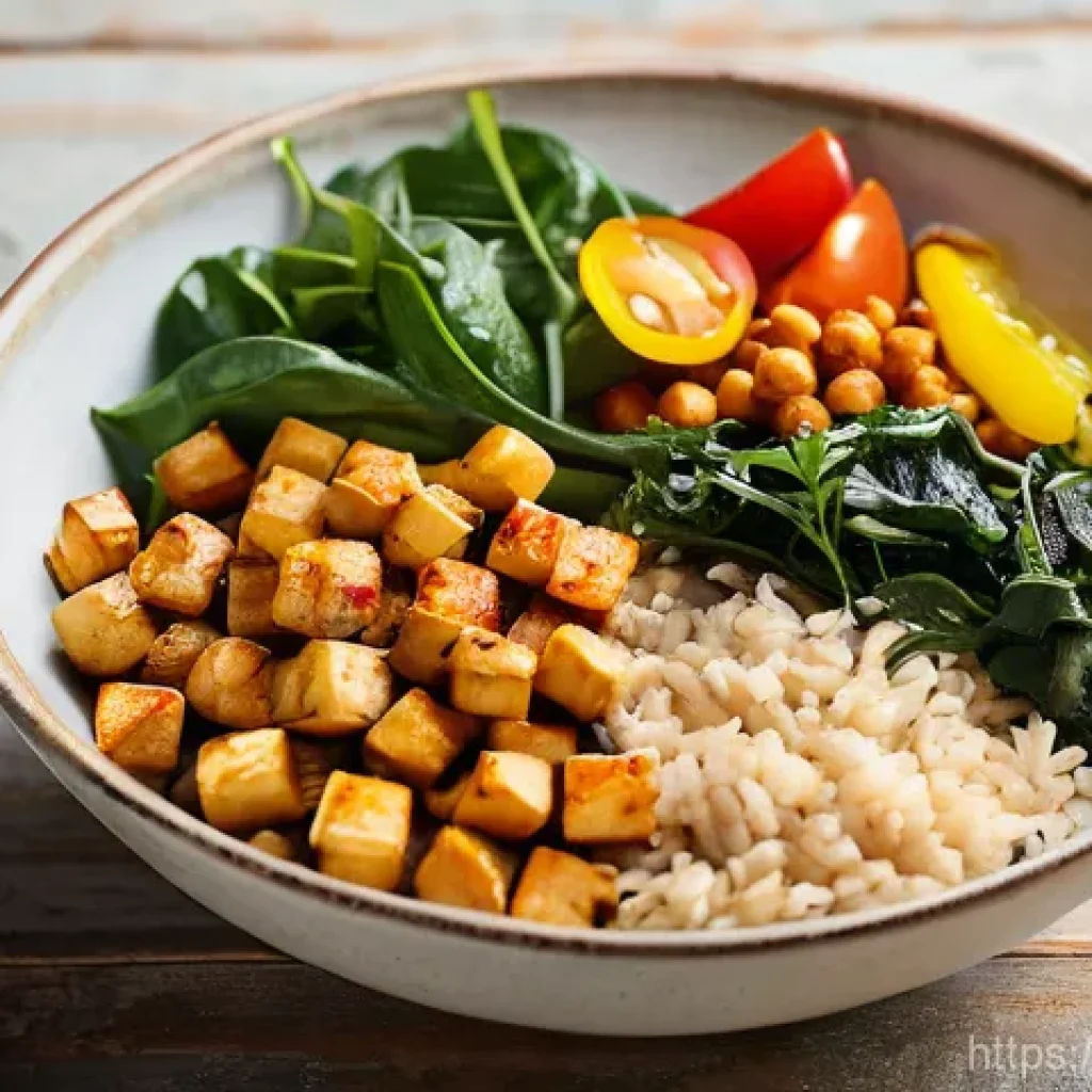 채소 중심 한 그릇 식사 유용한 팁 - A beautifully arranged, vibrant one-bowl meal sits on a rustic wooden table bathed in soft natural l...