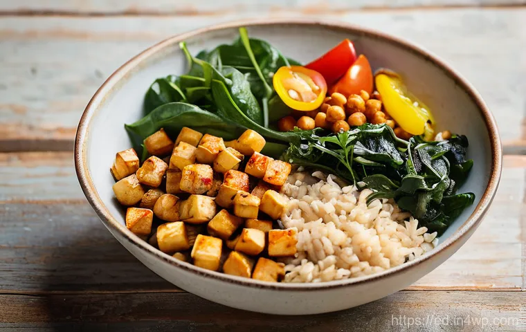 채소 중심 한 그릇 식사 유용한 팁 - A beautifully arranged, vibrant one-bowl meal sits on a rustic wooden table bathed in soft natural l...