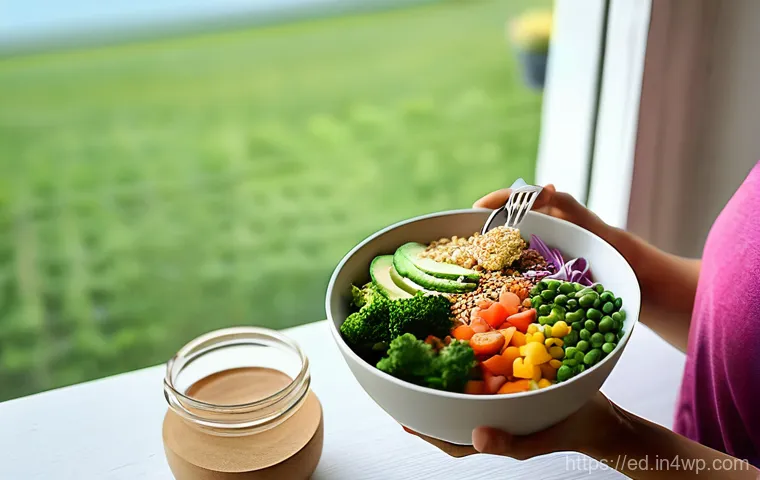 채소 중심 한 그릇 식사 유용한 팁 - In a modern, well-lit kitchen, a person's hands are actively preparing a healthy one-bowl meal. Vari...