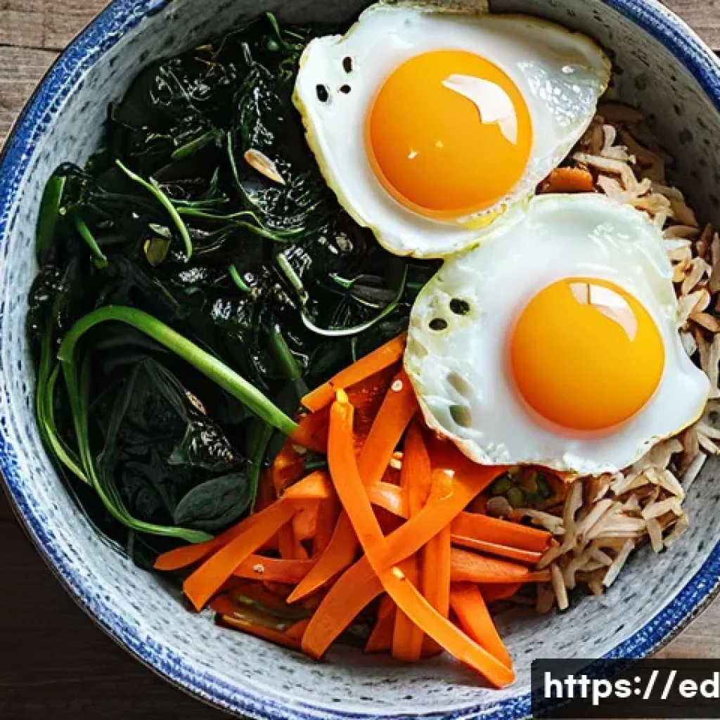 계절별 채소로 만든 한 그릇 식사 - **Prompt:** A vibrant close-up shot of Bibimbap. A Korean mixed rice bowl, bursting with colorful, f...