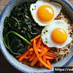 계절별 채소로 만든 한 그릇 식사 - **Prompt:** A vibrant close-up shot of Bibimbap. A Korean mixed rice bowl, bursting with colorful, f...