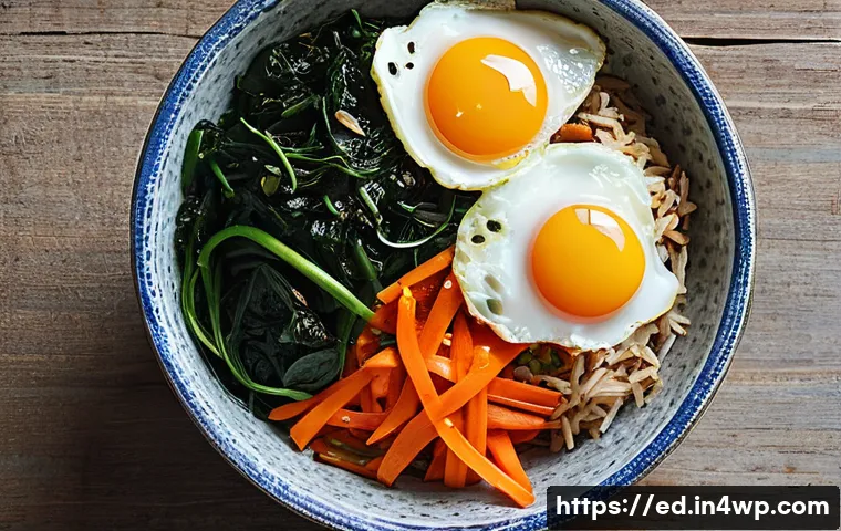 계절별 채소로 만든 한 그릇 식사 - **Prompt:** A vibrant close-up shot of Bibimbap. A Korean mixed rice bowl, bursting with colorful, f...