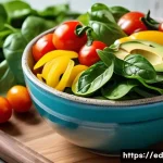 채소 중심 한 그릇 식사로 집에서 건강 챙기기 - A vibrant, fresh vegetable bowl featuring an assortment of crisp leafy greens like spinach and lettu...
