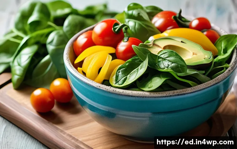 채소 중심 한 그릇 식사로 집에서 건강 챙기기 - A vibrant, fresh vegetable bowl featuring an assortment of crisp leafy greens like spinach and lettu...