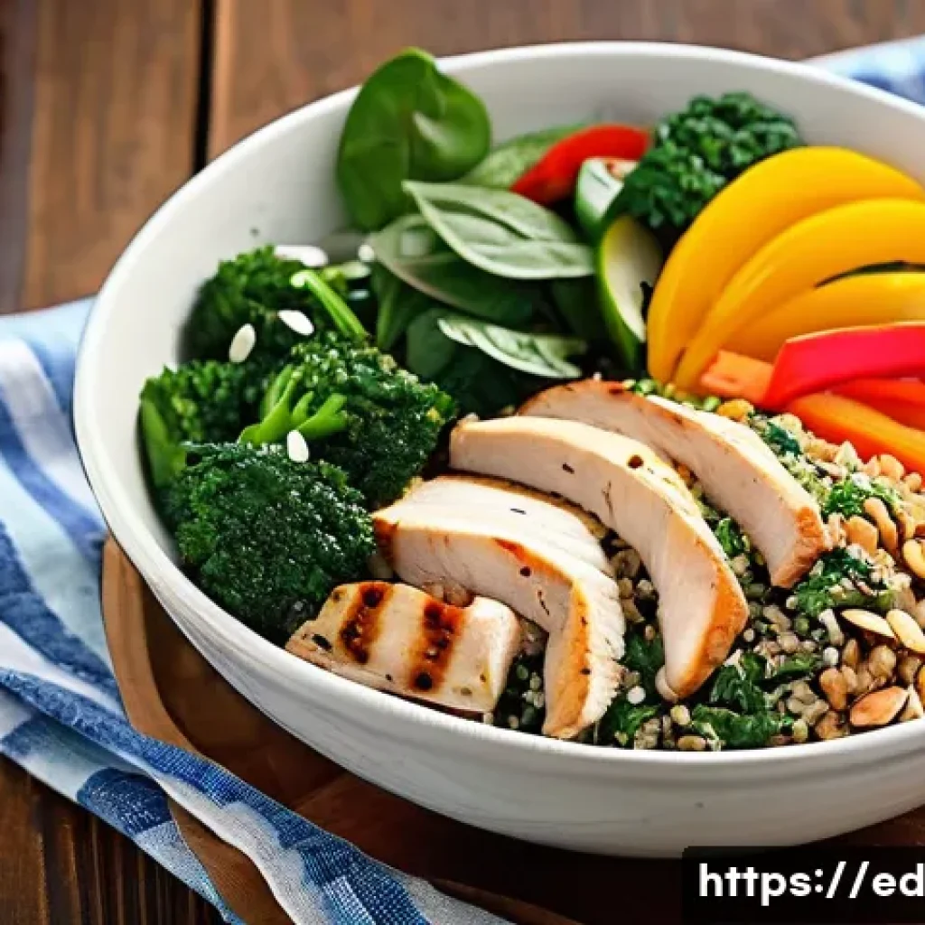 채소로 만드는 헬시 한 그릇 식사 - A vibrant and colorful bowl of balanced healthy meal featuring a base of mixed brown rice and grains...