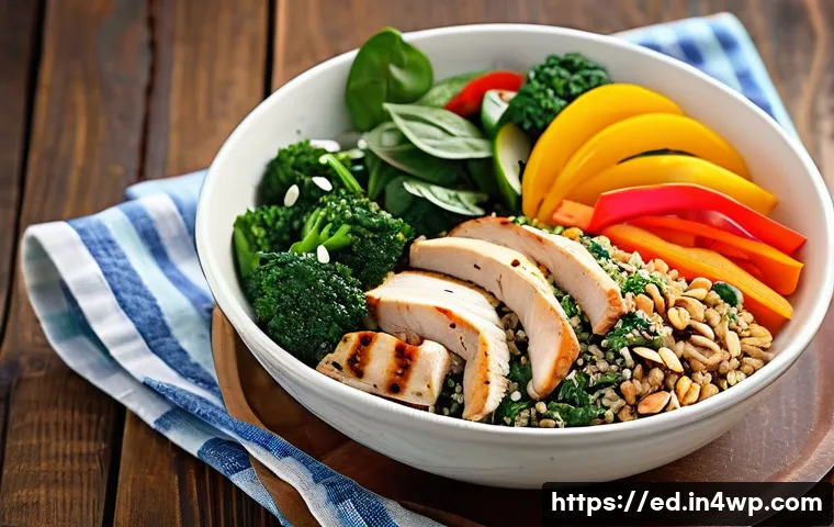 채소로 만드는 헬시 한 그릇 식사 - A vibrant and colorful bowl of balanced healthy meal featuring a base of mixed brown rice and grains...