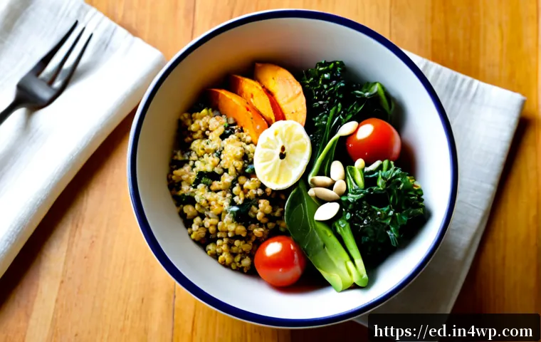 채소 중심 한 그릇 식사로 피부 건강 챙기기 - Photorealistic overhead food photography of a vibrant vegetable-centered one-bowl meal: quinoa, roas...