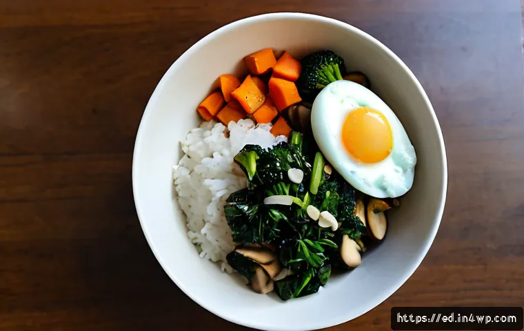 집에서 쉽게 만드는 한 그릇 채소 요리 - Photorealistic overhead view of a simple one-bowl vegetable rice dish, fluffy steamed rice topped wi...
