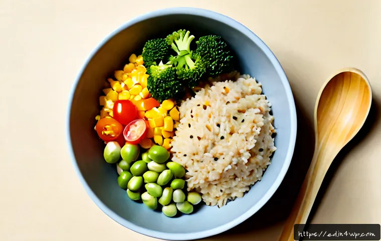 어린이를 위한 채소 중심 한 그릇 식사 - Photorealistic overhead view of a colorful child-friendly vegetable rice bowl, fluffy brown rice top...
