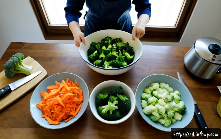 한 그릇 식사에서 중요한 채소 손질법 - Photorealistic overhead kitchen scene of an adult home cook carefully washing leafy greens, broccoli...