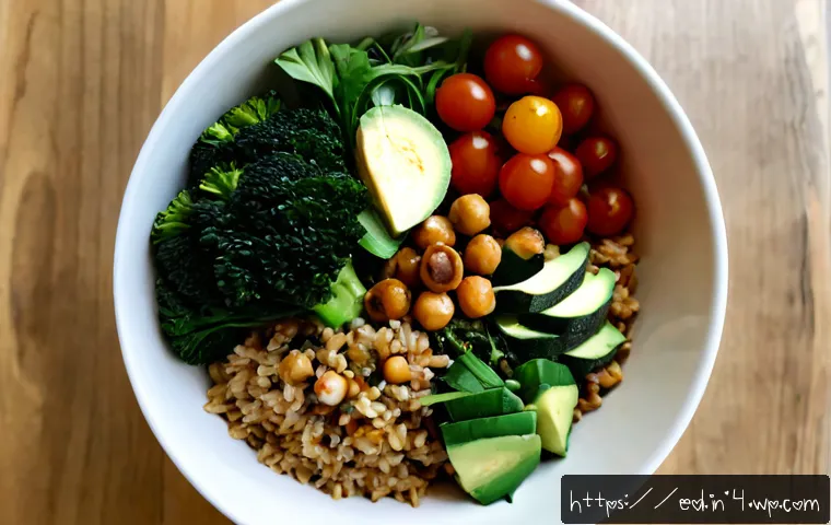 채소 중심 한 그릇 식사로 쉽게 만드는 건강식 - Photorealistic overhead view of a colorful vegetable-centered one-bowl meal, brown rice topped with ...
